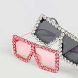 Group photo of black and pink Square Diamond Frame Sunglasses with rhinestone trim