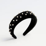Black velvet padded headband for kids with pearl ball detailing
