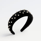Black velvet padded headband for kids with pearl ball detailing
