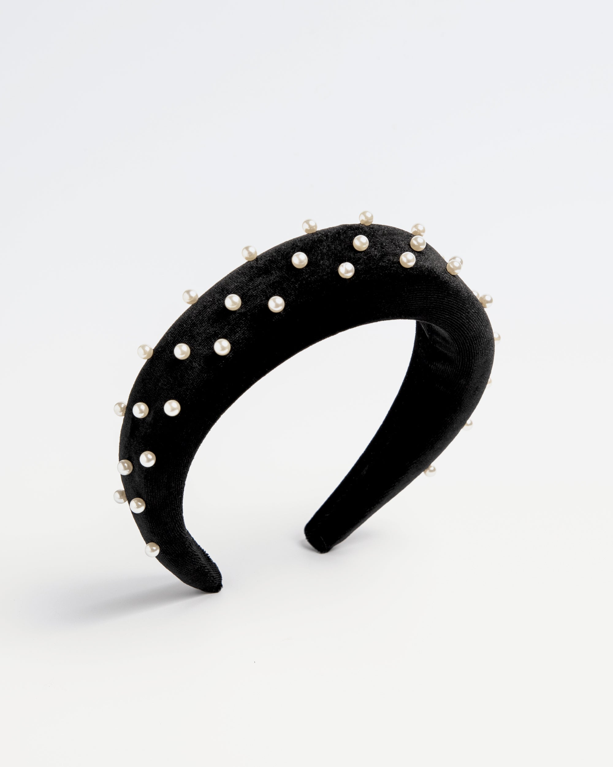 Black velvet padded headband for kids with pearl ball detailing
