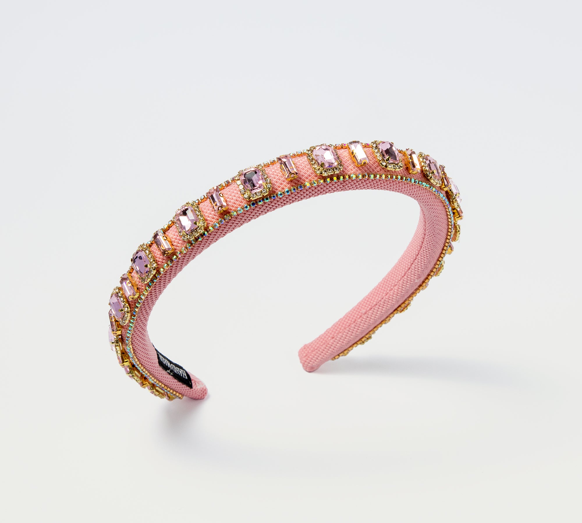 Blush pink kids headband with lavender gems and gold accents