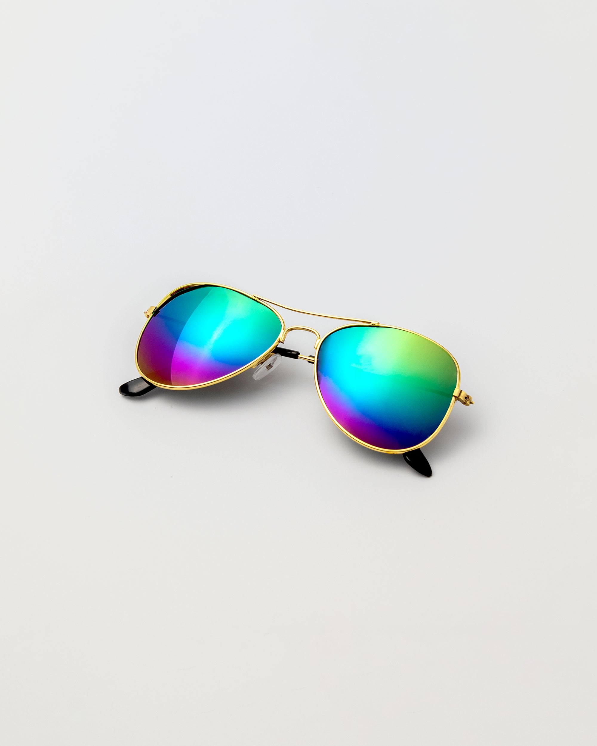 Rainbow Gleam sunglasses with gold aviator frames and mirrored rainbow lenses, shown flat on white background
