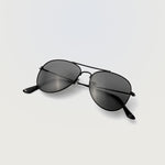 Rockstar Sunglasses in black aviator frame with dark tinted lenses displayed on white background