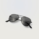 Rockstar Sunglasses in black aviator frame with dark tinted lenses displayed on white background